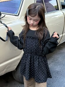 Dazy Kids Girls' Black Patchwork Polka Dot Top, Autumn T-Shirt With Ruffle Waist, Elastic New Style - Black - View 3