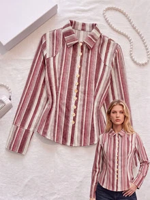 SHEIN MOD قميص جينز نسائي ضيق بخطوط عمودية وأزرار أمامية وياقة مدببة وحافة منحنية - متعدد الألوان - مشاهدة 6