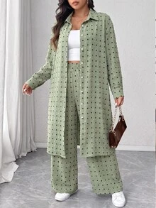 Elenzga Plus Size Pleated Textured Fabric Lapel Regular Long Sleeve Long Shirt And Loose Straight Leg Pants Casual Outing Commute 2 Pieces Set - Multicolor - View 5