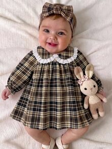 SHEIN Newborn Baby Plaid Pleated Casual Summer Dress - Brown - View 3