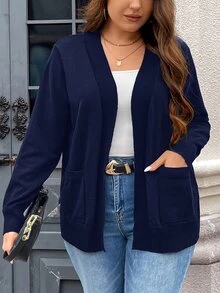 SHEIN LUNE كارديجان مقاس كبير بلون موحد بجيوب مزدوجة للربيع والخريف والشتاء - أزرق غامق - مشاهدة 1