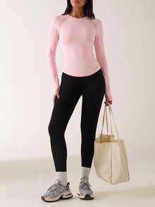 SHEIN BAE تي شيرت رياضي نسائي بأكمام طويلة من نوع راجلان بلون موحد - وردي فاتح - مشاهدة 3