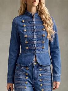 StreetHx Women's Double-Breasted Long Sleeve Jacket And Pants Casual Daily Denim Set - Blue - View 4