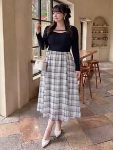 Bijouette Plus Size Cut Out Sweetheart Neck Rib Knit Plaid 2 In 1 Midi Dress,Afternoon Tea,Girls' Gathering,Cafe Ladylike,Brunch - Black - View 6