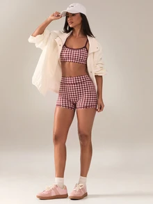SHEIN BAE Women's Plaid Camisole Top And Shorts Sports Set - Burgundy - View 3