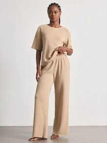 Ocili Minimalist Comfortable Casual Easy-To-Care-For Trim Short Sleeve Long Pants Pajama Set Soft Women's Loungewear Set - Khaki - View 2