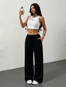 SHEIN PETITE CURVE Quần dài casual size lớn màu trơn phong cách tối giản, cạp rút dây, có túi, cho mùa thu - màu đen - Xem 13