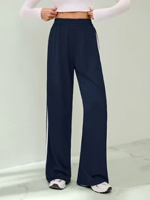 SHEIN Tall 極簡時尚灰色側條紋休閒長褲，日常休閒風格 - 藏蓝色 - 查看 8