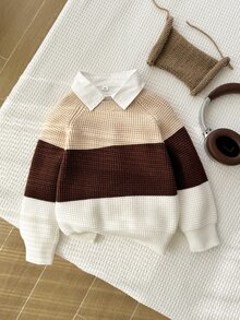 SHEIN Genkimix Kids 男童圓領針織長袖毛衣，嬰兒藍拼色設計，開學生日幼兒園針織衫，幼童兒童，秋季，學校 - 彩色 - 查看 6