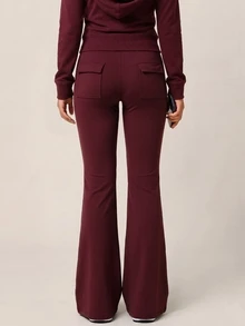 SHEIN BAE Women's Solid Color Drawstring Waist Casual Flare Leg Sports Pants - Burgundy - View 2