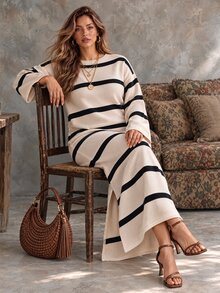 Ceyna Plus Size Women's Autumn/Winter New Pullover Mid-Length Striped Sweater - Multicolor - View 7