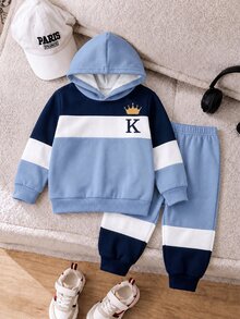 Infant & Toddler Hooded Casual Comfortable Sweatshirt, Classic Vintage Striped Pattern Print, Cute & Cool Crown Pattern Print, Classic Text "King", K Pattern Print, Suitable For Autumn/Winter, Suitable For Back To School Season - White - View 2