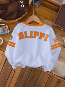 Blippi X SHEIN 小男孩字母卡通印花休閒日常長袖運動衫 - 白色 - 查看 2