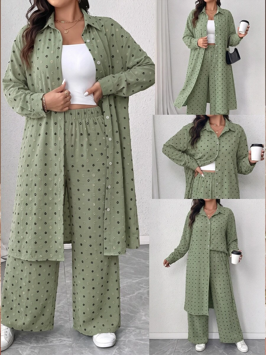 Elenzga Plus Size Pleated Textured Fabric Lapel Regular Long Sleeve Long Shirt And Loose Straight Leg Pants Casual Outing Commute 2 Pieces Set - Multicolor - View 1