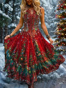 Linhara Plus Size Women's Christmas Print Notch-Neck Sleeveless Dress,Festive Graphic Casual Loose Fit Dress - Multicolor - View 1