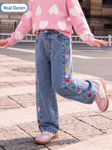 SHEIN Elladie kids Young Sweet Girls' Colorful Heart Patch Embroidered Jeans, Side Detail Elastic Waist Long Pants - Light Wash - View 1