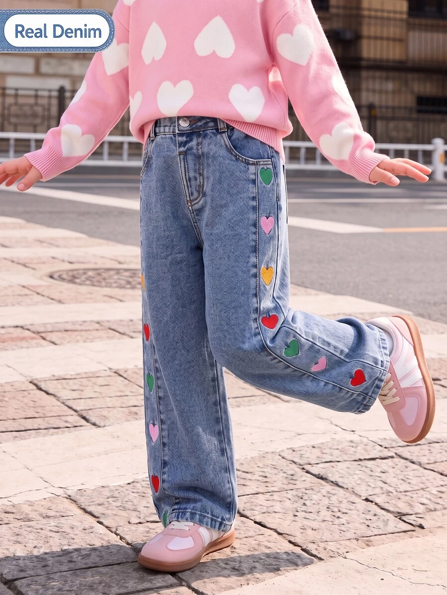 SHEIN Elladie kids Young Sweet Girls' Colorful Heart Patch Embroidered Jeans, Side Detail Elastic Waist Long Pants - Light Wash - View 1
