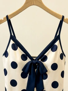 GlowEve Women's Elegant Polka Dot Print Bow Decor Cami Top For Summer - Navy Blue - View 5