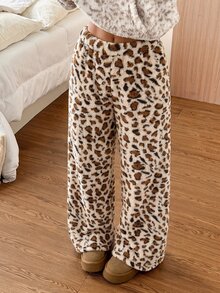 SHEIN EZwear 女款豹紋珊瑚絨長褲，冬季 - 杏色 - 查看 3