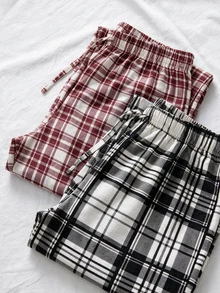 SHEIN طقم ملابس منزلية مريح للنساء من القطن، 2 قطعة بنطلون نوم بلون سادة مع رباط مزيف - متعدد الألوان - مشاهدة 4