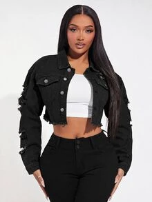 SHEIN SXY 女款長袖破洞單排扣休閒牛仔夾克 - 黑色 - 查看 3