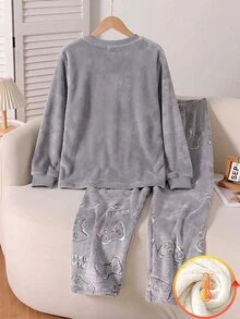 2pcs/Set Boys Fashion New Solid Color Crew Neck Long Sleeve Top With Game Pattern Element Full Print UV Shines Glowing Long Pants Double-Sided Flannel Fuzzy Pattern Print Loungewear Pajamas - Multicolor - View 2
