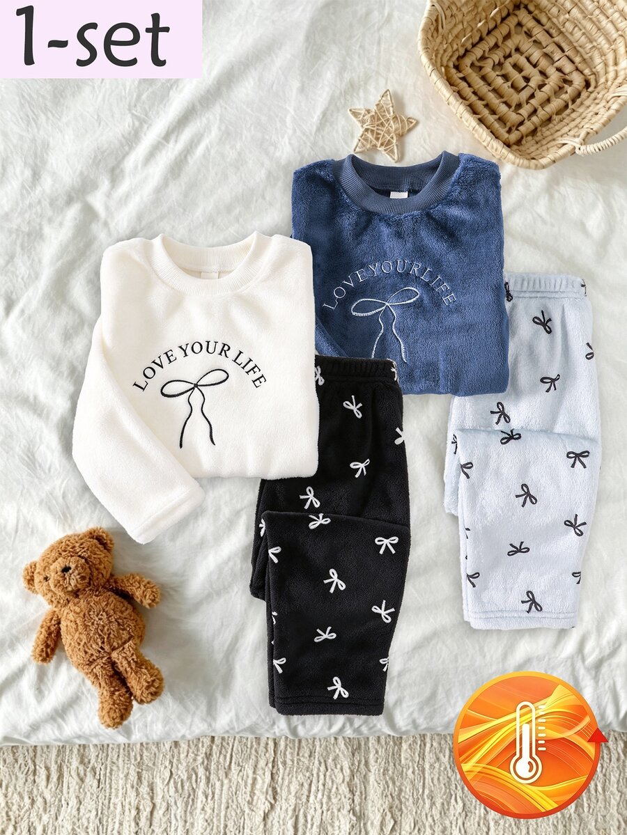 2pcs Young Girl' Navy Blue Black Long Sleeve Top And Pants, Embroidered Bow Design, Casual Pajamas For Fall Autumn/Winter Fleece Pajama Set 7th - Black and White - View 1