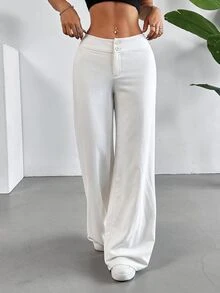 SHEIN Tall CURVE 大尺碼女款純色鈕扣設計寬腿鬆身長褲，休閒通勤褲，舒適秋季款 - 白色 - 查看 4