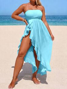 SHEIN Swim فستان باندو للنساء بمقاس كبير مع حماية من الشمس وحافة مقسمة وكشكشة للعطلات - ازرق مخضر - مشاهدة 3