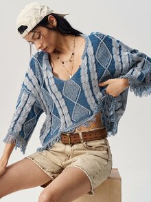 Bohemela Vintage Mixed Color Twisted Rope Loose Knit Pullover Sweater - Blue - View 6