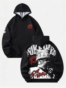 SHEIN 兒童青少年男孩休閒肖像圖案衛衣，酷炫嘻哈搖滾塗鴉運動風，寬鬆舒適長袖衛衣，適合秋冬、學校、開學季、家庭聚會、生日派對、拍照、度假、假期，舒適運動風 - 黑色 - 查看 3