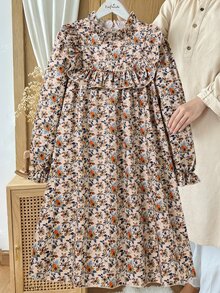 SHEIN 1件女童森系復古碎花洋裝，日常上學與外出穿搭，春/秋新款，荷葉邊立領泡泡袖百褶紋理中長洋裝 - 杏色 - 查看 3