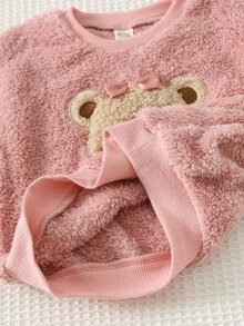 Cozy Pixies Baby Girl Casual Comfortable Daily Versatile Bear Pattern Pink Sweatshirt And Striped Long Pants Set - Pink - View 6