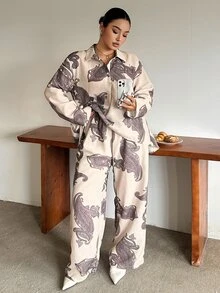 Dazy Plus Autumn New Loose Casual Lapel Long Sleeve Shirt & High Waist Wide Leg Pants 2 Pieces Set - Khaki - View 4