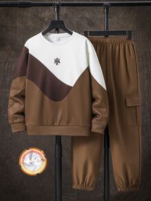 SHEIN 青少年男孩字母圖案拼色保暖內裡運動衫與工裝長褲套裝，適合秋季 - 咖啡棕 - 查看 2