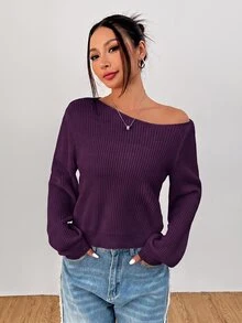 SHEIN PETITE 白色女款長袖套頭毛衣，可披肩穿著，適合秋冬，適合嬌小女性 - 紫色 - 查看 3