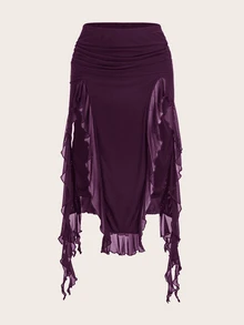 SHEIN ICON 女款百褶拼接層次不對稱下擺中長低腰裙 - 紫色 - 查看 3