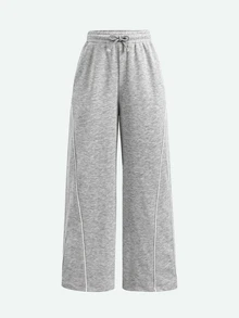 SHEIN Tween女孩童裝休閒街頭風針織淺灰色對比飾邊鬆腰側口袋寬腿運動長褲，四季皆宜 - 淺灰色 - 查看 3