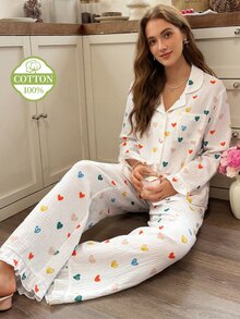 Snug Reverie 100% Cotton Sweet Heart Print Long Sleeve Women's Pajama Set, Spring/Autumn Fresh Style - White - View 4