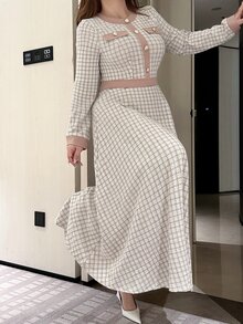 Vibekara Plus Size Women's Casual Elegant French Style Knit Long Sleeve Dress, Autumn Fall - Multicolor - View 3