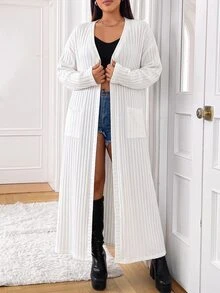 SHEIN EZwear 大尺碼女款純色極簡休閒長袖長版外套 冬季秋冬 - 白色 - 查看 4