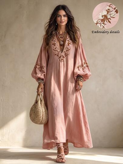 Trelyra Vestido elegante de talla grande para mujer con cuello en V, mangas farol y bordado floral