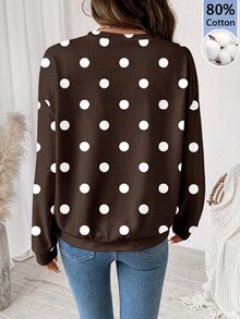 SHEIN LUNE 80%棉女款圓領寬鬆長袖棕色波點運動衫，休閒極簡復古優雅通勤百搭舒適，女款秋季服飾，秋季穿搭，女款通勤穿搭，百搭上衣，外出穿搭，機場穿搭 - 彩色 - 查看 2