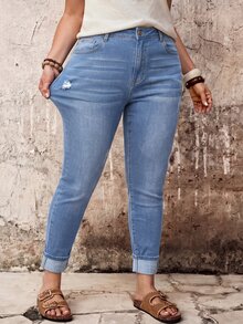 SHEIN ICON 大尺碼女款高彈性口袋修身休閒牛仔褲 - 淺色水洗藍 - 查看 4