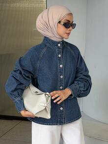 DAZY Women's Raglan Sleeve Single-Breasted Casual Denim Jacket - Blue - View 5