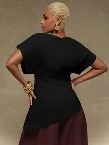 Vixey Textured Woven Boat Neck Boxy Structured Sleeve Asymmetrical Hem Elegant Top, Fall/Winter, Statement Top - Black - View 2