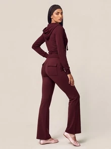 SHEIN BAE Women's Solid Color Drawstring Waist Casual Flare Leg Sports Pants - Burgundy - View 3