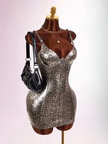 Amplova Women's Spaghetti Strap Snake Print Sexy Avant-Garde Bodycon Mini Dress, Cute And Sexy, Suitable For Autumn/Winter Outfits, Tight Fit - Grey - View 6
