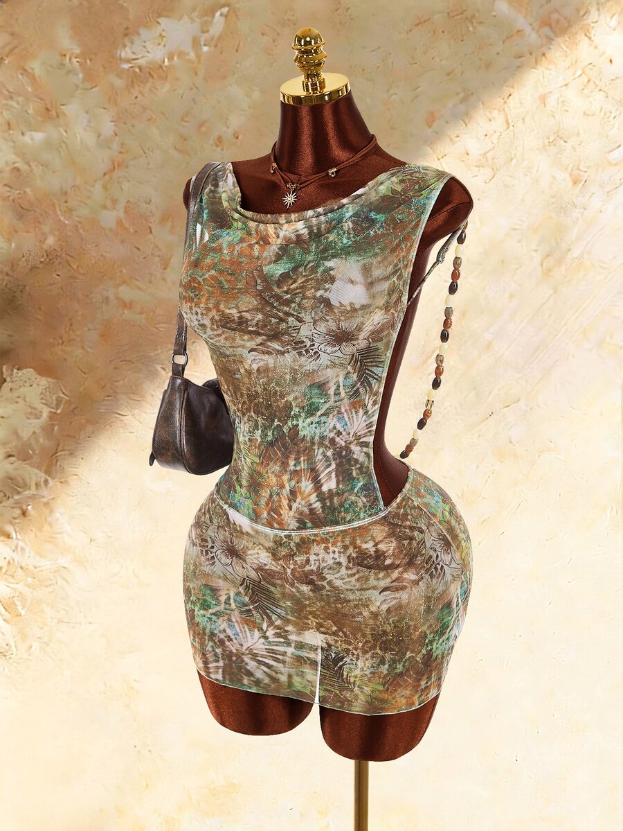 Amplova Women's Cowl Neck Beaded Backless Sheer Swimsuit Cover-Up, Versatile Multi-Color Retro Sexy Avant-Garde Style - Multicolor - View 1