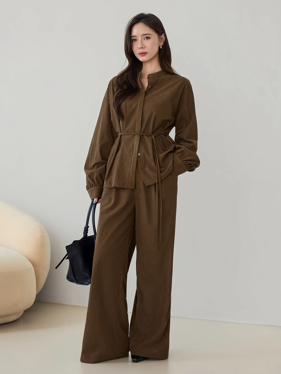 Dazy-Less Autumn/Winter Coffee Brown Round Neck Long Sleeve Slim Fit Waist Top With High Waist Loose Wide Leg Pants Women 2pcs Set - Coffee Brown - View 1